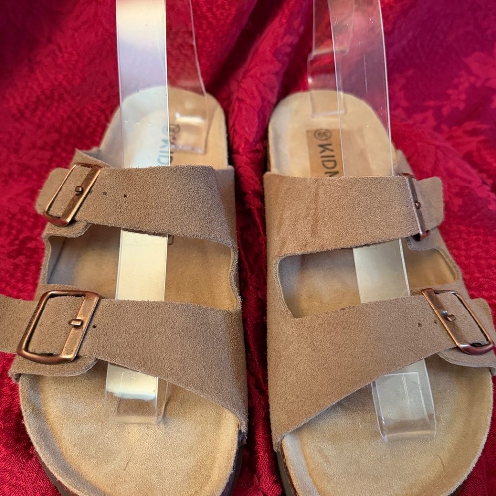 Kidmi Double Buckle Slip on Tan Suede Sandals with Cork Footbed Size 39 (8.5)